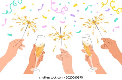 Human hands with champagne glasses and sparklers on confetti background. Celebration of New Year, birthday, anniversary or business success. Group of people celebrating event. Cartoon colorful banner