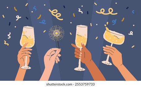 Human hands with champagne glasses and sparklers on confetti background.  Vector illustration of hands clinking glasses with champagne. 
