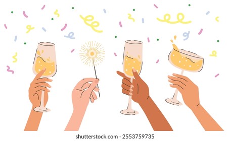 Human hands with champagne glasses and sparklers on confetti background.  Vector illustration of hands clinking glasses with champagne. 