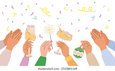 Human hands with champagne glasses and sparklers on confetti background. Celebration of New Year, birthday, anniversary or business success. Group of people celebrating event. Cartoon colorful banner