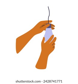 Human hands change household lightbulb. Electrician remove old light bulb or screw new into place. Engineer worker checking electric lighting wire. Repair home service. Electricity vector illustration