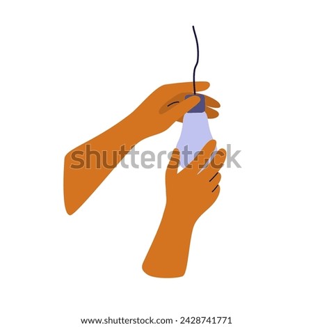 Human hands change household lightbulb. Electrician remove old light bulb or screw new into place. Engineer worker checking electric lighting wire. Repair home service. Electricity vector illustration