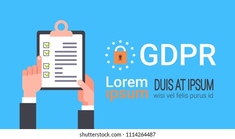 Human hands with checklist and text General Data Protection Regulation. Terms of service. Clipboard with GDPR copy space flat