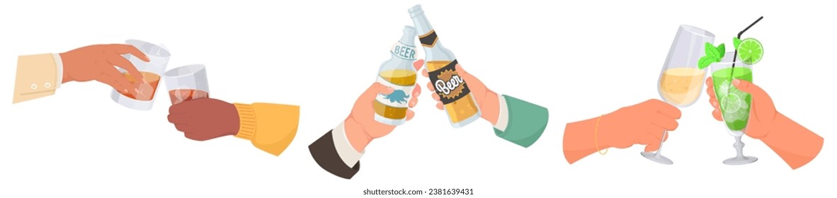 Human hands cheers alcohol drink isolated vector illustration set on white background. Male and female friends, couple arms holding clinking glass and bottles celebrating party, dating, anniversary