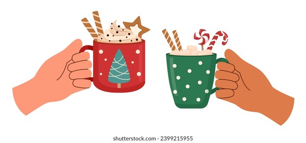 Manos humanas con bebidas de Navidad aisladas en fondo blanco. concepto de Navidad.	