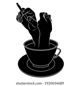 Human hands with cigarette and match box emerging from cup of coffee or tea. Creative concept for addiction to caffeine and tobacco smoking. Black and white silhouette.