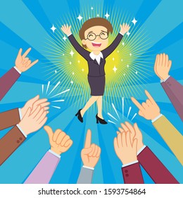 Human hands clapping applaud hands give to businesswoman, illustration vector cartoon