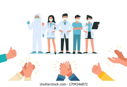 Human hands clapping for Brave doctors and nurses wearing face mask fight Against Covid-19, Coronavirus Disease. They are heroes. Health Care and Safety. Health bacteria virus protection.