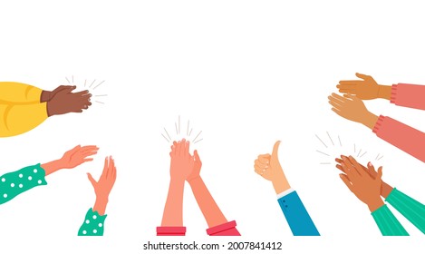 Human hands clapping giving ovation, greetings and support. Congratulation and appreciation excitement multicultural people crowd audience applauding vector illustration on white background