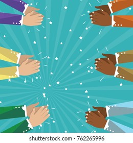 Human hands clapping isolated on turquoise background. Flat hand for social network, blog and app. Party celebration concept, modern design