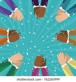 Human hands clapping isolated on turquoise background. Flat hand for social network, blog and app. Party celebration concept, modern design