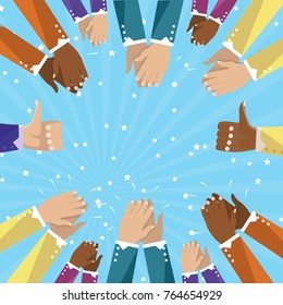 Human hands clapping isolated on blue background. Flat hand for social network, blog and app. Party celebration concept, modern design