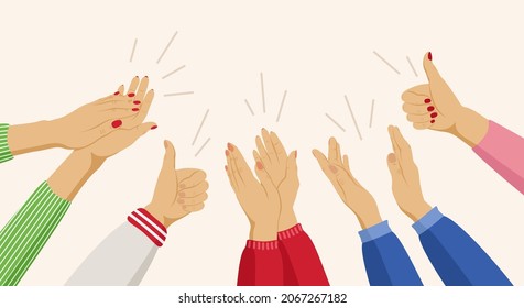 Human hands clapping ovation. Flat design, business concept, vector illustration. Female multicultural hands applaud