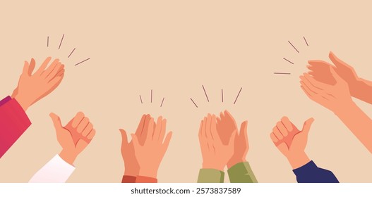 Human hands clapping ovation. People crowd applauding, encouragement and congratulating, showing appreciation. Hand thumbs up. Business team cheering and celebrating vector concept