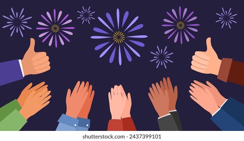 Human hands clapping. People crowd applaud to congratulate success job. Hand thumbs up. Business team cheering and celebrating with fireworks.