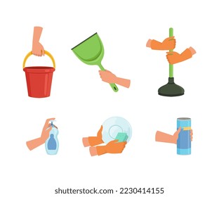 Human hands and cleaning supplies set. Hand with bucket, plunger, scoop, detergent bottle cartoon vector illustration