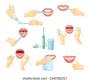 Manos humanas limpiando dientes con cepillo de dientes, dentífrico y hilo. Higiene oral, ilustración del vector odontológico