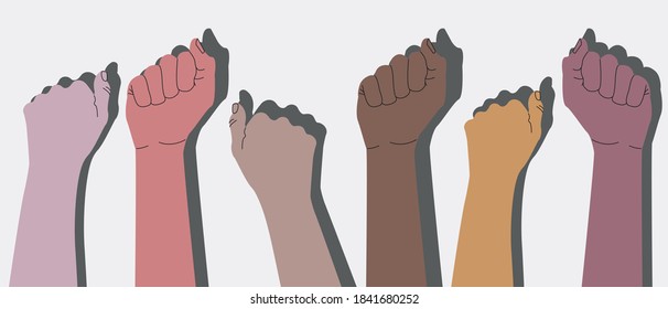 Human hands with clenched fists. Protest, stop racism, equality concept. Fight for your rights. People of different nationalities and races raise up fists.