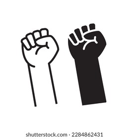 Human hands clenched into fists symbolizing unity of strength or solidarity designed with outline, filled with white and black colors on white background. Freedom or independence symbol concept