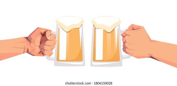 human hands clicking beer mugs Octoberfest party celebration festival concept flat horizontal vector illustration