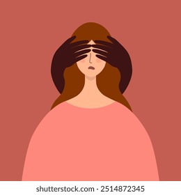 Human hands close eyes of girl. Woman with closed face in fear. Female anxiety, worry, obscurity, fright or shame vector illustration. Do not see anything concept. Stranger hand on afraid person head