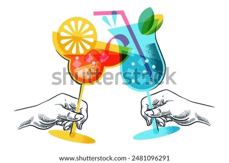 Human hands with cocktails. Vector hand drawn sketch illustration of people drink alcoholic, non-alcoholic drinks. Party celebrating holiday, event banner, poster, bar alcohol menu design elements