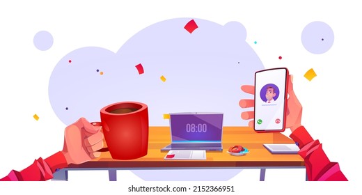 Manos humanas con taza de café y teléfono al fondo del lugar de trabajo con portátil y pastelería sobre el escritorio. Concepto de inicio matutino, jornada de trabajo con persona que sostiene la música y el smartphone, ilustración vectorial de dibujos animados