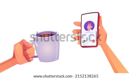 Human hands with coffee cup and phone isolated on white background. Person holding mug with hot beverage and smartphone with income call. Morning, working day beginning, Cartoon vector illustration