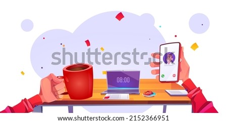 Human hands with coffee cup and phone at workplace background with laptop and pastry on desk. Morning, working day beginning concept with person holding mug and smartphone, Cartoon vector illustration