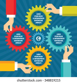 Human hands with colored gears - infographic business concept - vector illustration in flat style design. Cogwheels creative layout. 