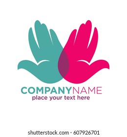 Human hands company colorful logotype isolated on white. Vector illustration in flat design of open blue and pink palms label and spare place for text. Logo symbol in charity and healthcare concept