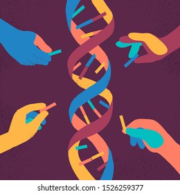 Human hands composing DNA helix. Genetic engineering conceptual vector illustration