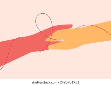 Human hands connected in  handshake with pink or red ribbon. Fight against breast cancer together. Help and support about females with oncology and HIV illnesses. Vector illustration