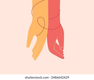 Human hands connected with pink or red ribbon. Fight against breast cancer together. Help and support about females with oncology and HIV illnesses. Vector illustration