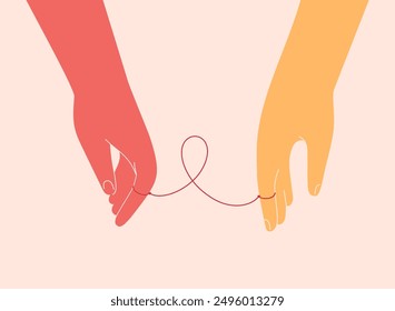 Human hands connected with pink or red ribbon. Fight against breast cancer together. Family Help and friends support for people with oncology and HIV illnesses. Vector illustration