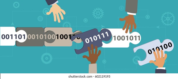 Human hands connecting blocks of data in a blockchain, EPS 8 vector illustration