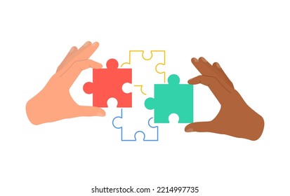 Human hands connecting puzzle pieces together. Business team finding solution and solving problem with jigsaw. Vector illustration isolated on white background.