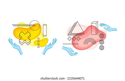 Human hands with contours of geometric shapes and abstract colorful blobs set vector illustration