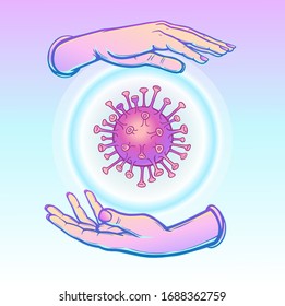 Human hands control the virus. Aura of protection.   Color vector illustration.