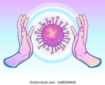 Human hands control the virus. Aura of protection.   Color vector illustration.