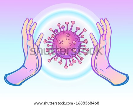 Human hands control the virus. Aura of protection.   Color vector illustration.