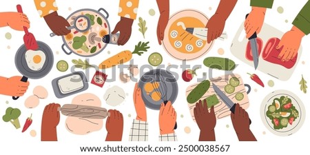 Human hands cooking food using different kitchenware utensils chopping products, cutting vegetables, frying eggs, mixing soup, rolling out dough top view. Cook master class, homemade meal preparation