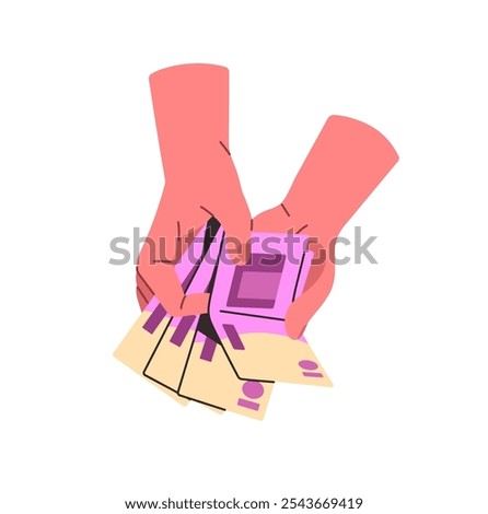 Human hands count wad of money to pay by cash. Person holds stack of euro bills, banknotes clip. Financial investment, currency savings, finance success. Flat isolated vector illustration on white