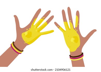Human hands covered with yellow paint wearing bright multicolored bracelets. Happy Holi Spring Holiday of India. Holiday bright color. Indian Holi colors festival vector illustration isolated.