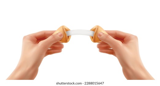 Human hands cracking open chinese fortune cookie with blank paper inside vector illustration