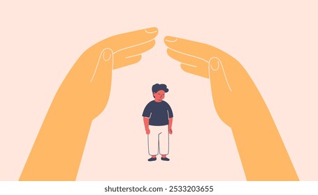 Human hands create secure environment for african american boy via home roof gesture. Childproofing, supervision, teaching safety rules. Adoption and Adults taking care about kids. Vector illustration