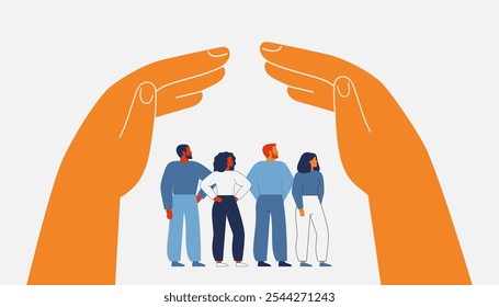 Human hands create secure environment via home roof gesture above people. Two arms protect and care about men and women. Legal defense, shelter, medical and life insurance for civil persons. Vector