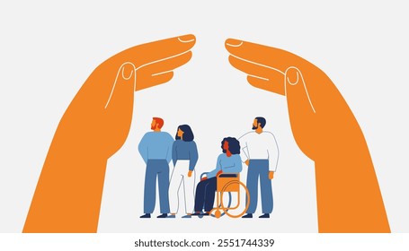 Human hands create secure environment via home roof gesture above people. Two arms protect and care about men and women. Legal defense, shelter, medical and life insurance for civil persons. Vector