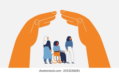 Human hands create secure environment via home roof gesture above women. Two arms protect and care about females. Legal defense, shelter, medical and life insurance for minority and disabled people