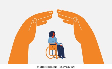 Human hands create secure environment via home roof gesture above black woman in wheelchair. Arms protect and care about female. Legal defense, shelter, medical and life insurance for disabled people